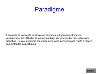 Paradigme
Ensemble de concepts pas toujours exprimés qui gouvernent souvent
implicitement les attitudes et les façons d'agir de groupes humains dans une
discipline. Ce mot a d'abord été utilisé avec cette acception par Kuntz à propos
des méthodes scientifiques.
Retour
 