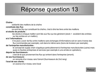 Réponse question 13
Chaîne :
solidarité des maillons de la chaîne
constituée des flux
ce sont les flux qui constituent la chaîne, c'est à dire les liens entre les maillons
et stocks de produits :
les stocks à chaque maillon sont liés aux flux qui les génèrent (stock = excédent des entrées
sur les sorties en un maillon);
et d 'informations :
il ne peut y avoir de flux entre maillons sans échanges d'informations soit en sens inverse des
flux (commandes par exemple), soit dans le même sens (bons de livraison par exemple);
de l'entreprise manufacturière :
le concept de supply chain s'applique particulièrement à l'entreprise manufacturière (usine) mais
aussi à d'autres entreprises et services (par exemple à une armée en opération);
depuis les fournisseurs :
c'est de là que proviennent les flux qui entrent dans l'entreprise (amont);
de ses fournisseurs :
on remonte d'un niveau vers l'amont (fournisseurs de 2nd rang)
l'aval de ses clients :
on avance d'un niveau vers l'aval
Retour
 