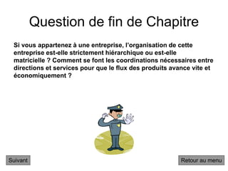 Question de fin de Chapitre
Si vous appartenez à une entreprise, l’organisation de cette
entreprise est-elle strictement hiérarchique ou est-elle
matricielle ? Comment se font les coordinations nécessaires entre
directions et services pour que le flux des produits avance vite et
économiquement ?
Suivant Retour au menu
 