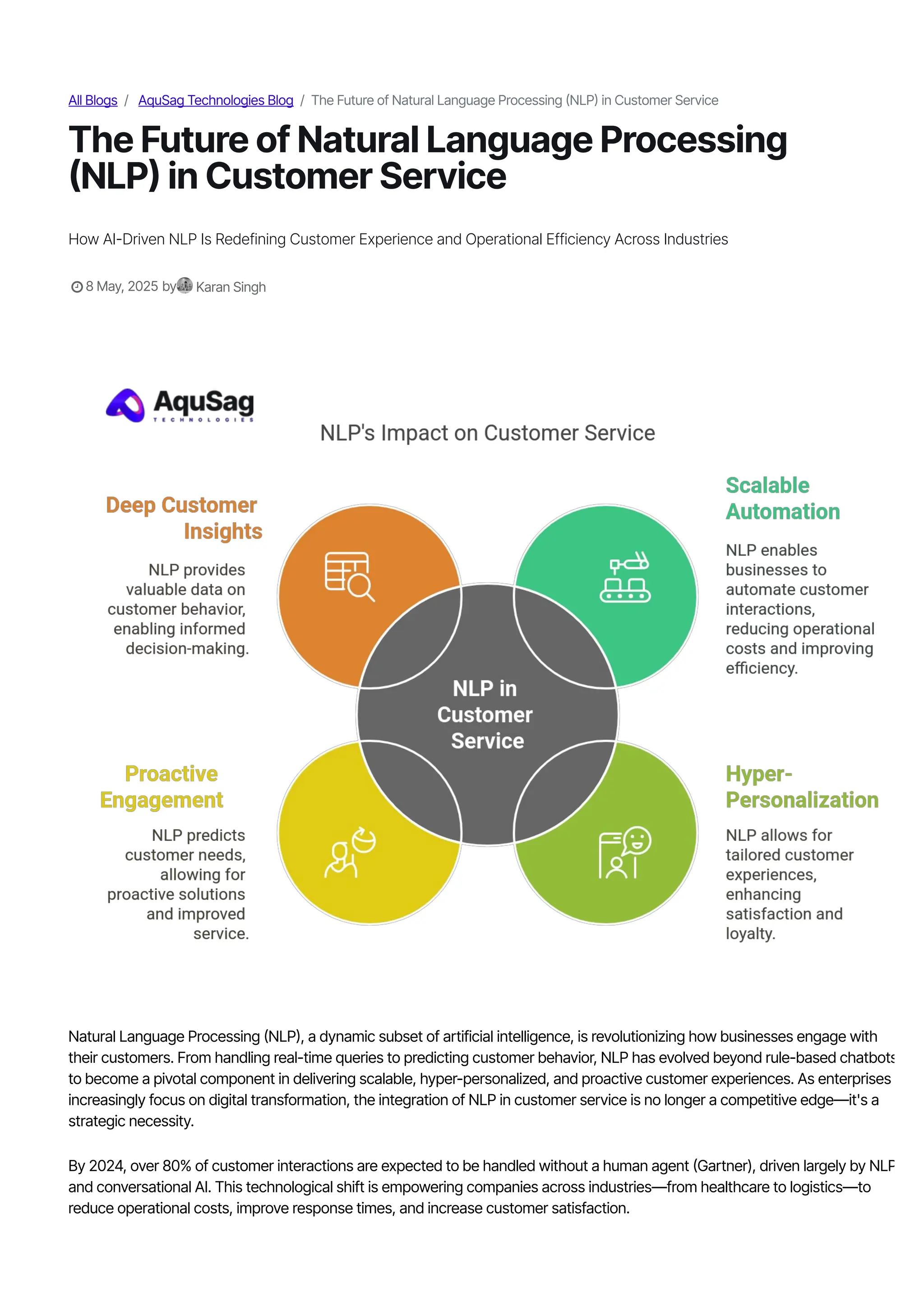 All Blogs / AquSag Technologies Blog / The Future of Natural Language Processing 몭NLP몭 in Customer Service
The Future of Natural Language Processing
몭NLP몭 in Customer Service
How AI몭Driven NLP Is Redefining Customer Experience and Operational Efficiency Across Industries
 8 May, 2025 by Karan Singh
Natural Language Processing 몭NLP몭, a dynamic subset of artificial intelligence, is revolutionizing how businesses engage with
their customers. From handling real-time queries to predicting customer behavior, NLP has evolved beyond rule-based chatbots
to become a pivotal component in delivering scalable, hyper-personalized, and proactive customer experiences. As enterprises
increasingly focus on digital transformation, the integration of NLP in customer service is no longer a competitive edge—it's a
strategic necessity.
By 2024, over 80% of customer interactions are expected to be handled without a human agent 몭Gartner), driven largely by NLP
and conversational AI. This technological shift is empowering companies across industries—from healthcare to logistics—to
reduce operational costs, improve response times, and increase customer satisfaction.
 