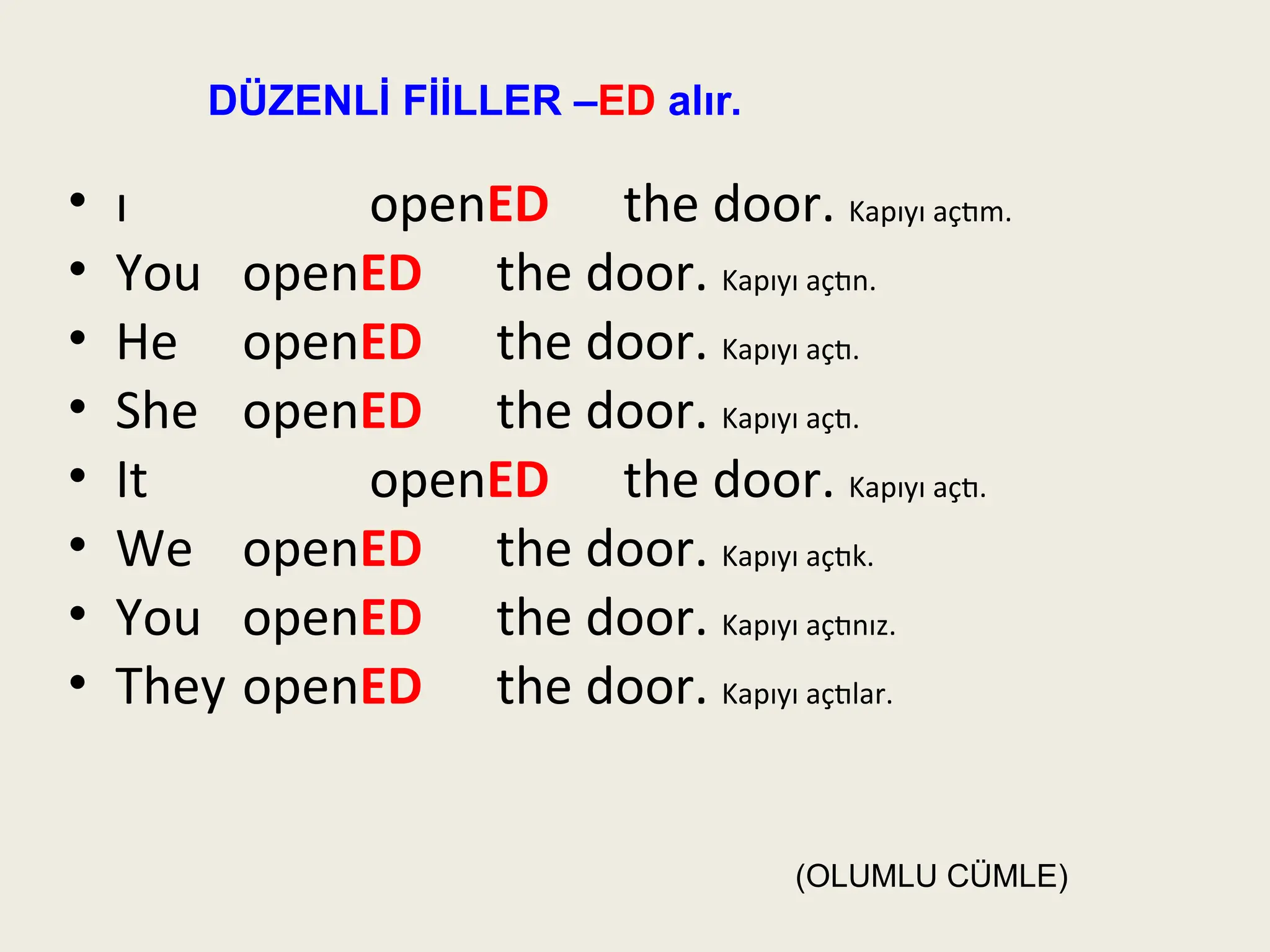 • ı openED the door. Kapıyı açtım.
• You openED the door. Kapıyı açtın.
• He openED the door. Kapıyı açtı.
• She openED the door. Kapıyı açtı.
• It openED the door. Kapıyı açtı.
• We openED the door. Kapıyı açtık.
• You openED the door. Kapıyı açtınız.
• They openED the door. Kapıyı açtılar.
DÜZENLİ FİİLLER –ED alır.
(OLUMLU CÜMLE)
 