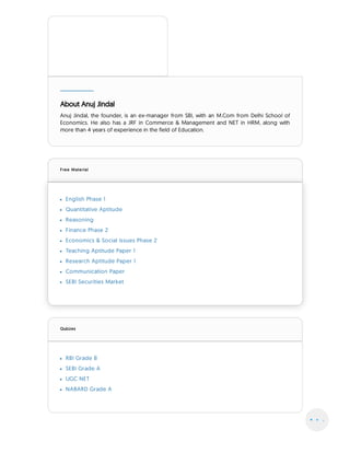 ______
About Anuj Jindal
Anuj Jindal, the founder, is an ex-manager from SBI, with an M.Com from Delhi School of
Economics. He also has a JRF in Commerce & Management and NET in HRM, along with
more than 4 years of experience in the field of Education.
Free Material
English Phase 1
Quantitative Aptitude
Reasoning
Finance Phase 2
Economics & Social Issues Phase 2
Teaching Aptitude Paper 1
Research Aptitude Paper 1
Communication Paper
SEBI Securities Market
Quizzes
RBI Grade B
SEBI Grade A
UGC NET
NABARD Grade A
 