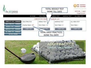 TOTAL WEEKLY TEST
     DONE TILL DATE




TOTAL DAILY PRACTICES
   DONE TILL DATE
 