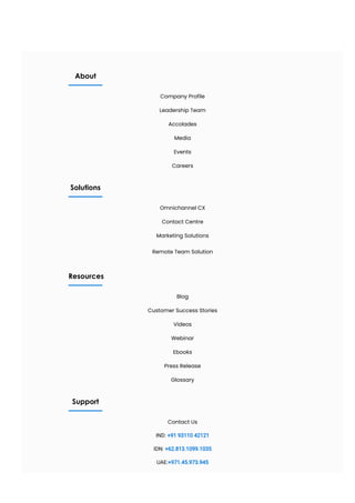 About
Company Profile
Leadership Team
Accolades
Media
Events
Careers
Solutions
Omnichannel CX
Contact Centre
Marketing Solutions
Remote Team Solution
Resources
Blog
Customer Success Stories
Videos
Webinar
Ebooks
Press Release
Glossary
Support
Contact Us
IND: +91 93110 42121
IDN: +62.813.1099.1035
UAE:+971.45.973.945
 