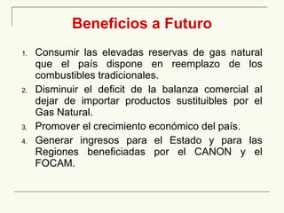 B eneficios a Futuro Consumir las elevadas reservas de gas natural que el país dispone en reemplazo de los combustibles tradicionales.  Disminuir el deficit de la balanza comercial al dejar de importar productos sustituibles por el Gas Natural. Promover el crecimiento económico del país. Generar ingresos para el Estado y para las Regiones beneficiadas por el CANON y el FOCAM. 