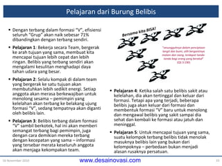 Pelajaran dari Burung Belibis Dengan terbang dalam formasi “V”, efisiensi seluruh “Grup” akan naik sebesar 71% dibandingkan dengan terbang sendiri. Pelajaran 1 : Bekerja secara Team, bergerak ke arah tujuan yang sama, membuat kita mencapai tujuan lebih cepat dan lebih ringan .   B elibis yang terbang sendiri akan mengalami kesulitan menghadapi daya tahan udara yang besar. Pelajaran 2 : Selalu kompak di dalam team yang bergerak ke satu tujuan akan membutuhkan lebih sedikit energi. Setiap anggota akan merasa berkewajiban untuk menolong sesama – pemimpin yang kelelahan akan terbang ke  belakang  ujung formasi “V”, sedang tempatnya akan diganti oleh belibis lain. Pelajaran 3 : Belibis terbang dalam formasi “V” sambil berkotek, hal ini akan memberi semangat terbang bagi pemimpin, juga dengan cara demikian mereka terbang dengan kecepatan yang sama – informasi yang tersebar merata keseluruh anggota akan menjaga kekompakan team. Pelajaran 4 : Ketika salah satu belibis sakit atau kelelahan, dia akan tertinggal dan keluar dari formasi. Tetapi apa yang terjadi, beberapa belibis juga akan keluar dari formasi dan membentuk formasi “V” baru untuk menolong dan mengawal belibis yang sakit sampai dia sehat dan kembali ke formasi atau jatuh dan meninggal. Pelajaran 5 : Untuk mencapai tujuan yang sama, suatu kelompok terbang belibis tidak menolak masuknya belibis lain yang bukan dari kelompoknya – perbedaan bukan menjadi alasan rusaknya persatuan. 16 November 2010 Bersama kita BISA! “ sesungguhnya dalam penciptaan langit dan bumi, silih bergantinya malam dan siang, terdapat tanda-tanda bagi orang yang berakal ” (QS 3:190) 