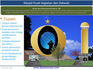 Masjid Pusat Kegiatan dan Dakwah 16 November 2010 QS Asy Syura ( Musyawarah ) (QS 42 : 38) “ dan (bagi) orang-orang yang menerima (mematuhi) seruan Tuhannya dan mendirikan shalat, sedang urusan mereka (diputuskan) dengan  musyawarah  antara mereka ,  dan mereka menafkahkan sebagian dari rezki yang Kami berikan kepada mereka” Tujuan:  Tempat  Ibadah bersama (berjama’ah) Pusat perumusan kebijakan dan strategi   pembangunan kawasan. Tempat pengajaran dan diskusi Kantor administrasi pengelola wilayah Pusat kebudayaan & pengembangan Budaya Positif 