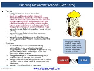 Lumbung Masyarakat Mandiri  ( Baitul Mal ) Tujuan: Menjaga ketahanan pangan masyarakat Untuk menstabilkan kebutuhan, tidak untuk menstabilkan harga ( tidak untuk menimbun barang, tetapi untuk mengatur kebutuhan dari hasil kelebihan produksi )    fungsi  Baitul Mal  (kelebihan harta dari zakat/infaq/sedekah dikumpulkan untuk disalurkan kepada yang membutuhkan), berbeda dengan fungsi Bulog yang lebih ditujukan untuk menstabilkan harga Mendidik masyarakat untuk bergotong royong mengisi lumbung Mendidik masyarakat untuk menjaga keamanan lumbung bersama Mendidik masyarakat akan rasa sosial dan tanggung jawab kepada bangsa    kesetia kawanan ( solidaritas ) bencana Kegiatan: Pendirian berbagai jenis kebutuhan lumbung Membuat tata kelola pengisian lumbung dan penggunaannya ( sistem persediaan )    persediaan yang mendekati kadaluwarsa harus segera diolah atau dikonsumsi sebagai sedekah Menggalakan kegiatan sistem keamanan lingkungan ( siskamling ) untuk menjaga harta lumbung Menjaga kedisiplinan dan kejujuran masyarakat melalui kerjasama dengan aparat penegak hukum dan tokoh masyarakat Mendata tingkat kemakmuran masyarakat 16 November 2010 Berbagai jenis lumbung: Lumbung pangan pokok Lumbung pangan olahan Lumbung pangan awetan Lumbung obat-obatan Lumbung benih, dll BULOG LUMBUNG 