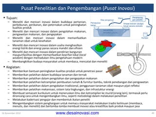 Pusat Penelitian dan Pengembangan ( Pusat Inovasi ) 16 November 2010 Tujuan: Meneliti dan mencari inovasi  dalam  budidaya pertanian, perkebunan, perikanan, dan peternakan untuk peningkatan kualitas produk Meneliti dan mencari inovasi  dalam  pengolahan makanan, pengawetan makanan, dan pengepakan Meneliti dan mencari inovasi  dalam  memanfaatkan tanaman obat untuk kesehatan Kegiatan: Memberikan bantuan peningkatan kualitas produk untuk penetrasi pasar Memberikan pelatihan dalam budidaya tanaman dan ternak Memberikan pelatihan dalam pengolahan dan pengepakan makanan Memberikan pelatihan ketrampilan pembuatan rumah & furnitur bambu, teknik penebangan dan pengawetan Memberikan pelatihan dalam pengobatan tradisional, penggunaan tanaman obat maupun pijat refleksi Memberikan pelatihan mekanisasi, sistem tata lingkungan, dan infrastuktur energi Membuat semacam kurikulum untuk meneruskan ilmu dan ketrampilan ke murid (orang lain), termasuk perlu dirancang cara untuk mengembangkan ilmu, seperti metodologi dalam melakukan penelitian Melakukan kaderisasi pengajar dan membentuk ikatan peneliti Mengembangkan sistem penghargaan untuk memacu masyarakat melakukan tradisi keilmuan (membaca, menulis, dan meneliti) dan berlomba-lomba membuat inovasi atau kreatifitas baik produk maupun jasa Meneliti dan mencari inovasi  dalam  usaha menghasilkan  energi listrik dan energi panas secara mandiri dan efisien Meneliti dan mencari inovasi  dalam  pendirian bangunan maupunfasilitas   dengan memanfaatkan kearifan lokal ( local wisdom )  dengan memadukan  ilmu  pengetahuan  modern Membangkitkan budaya masyarakat untuk  membaca,  mencatat dan meneliti 