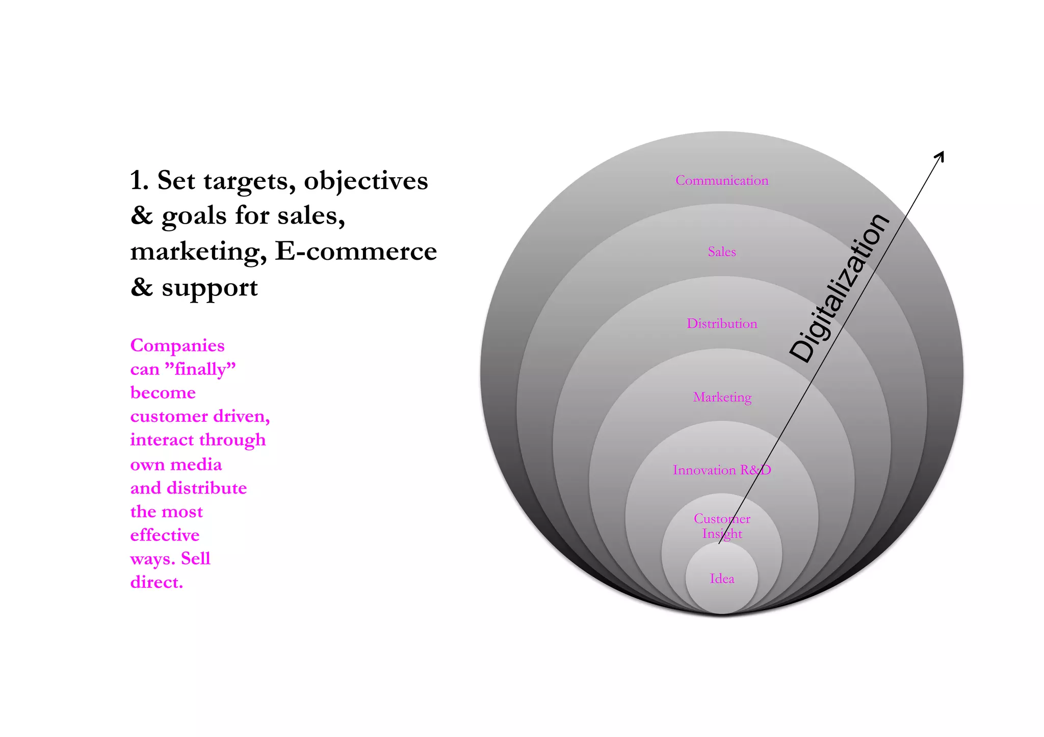 1. Set targets, objectives   Communication

& goals for sales,
marketing, E-commerce             Sales

& support
                              Distribution
Companies
can ”finally”
become                         Marketing
customer driven,
interact through
own media                    Innovation R&D
and distribute
the most                       Customer
effective                       Insight
ways. Sell
direct.                           Idea
 