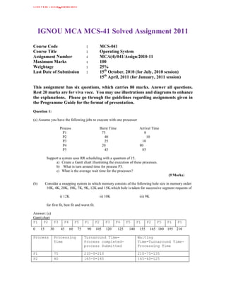 Solved Assignments




      IGNOU MCA MCS-41 Solved Assignment 2011
Course Code                               :              MCS-041
Course Title                              :              Operating System
Assignment Number                         :              MCA(4)/041/Assign/2010-11
Maximum Marks                             :              100
Weightage                                 :              25%
Last Date of Submission                   :              15th October, 2010 (for July, 2010 session)
                                                         15th April, 2011 (for January, 2011 session)

This assignment has six questions, which carries 80 marks. Answer all questions.
Rest 20 marks are for viva voce. You may use illustrations and diagrams to enhance
the explanations. Please go through the guidelines regarding assignments given in
the Programme Guide for the format of presentation.
Question 1:

(a) Assume you have the following jobs to execute with one processor

                     Process                             Burst Time                 Arrival Time
                       P1                                 75                           0
                       P2                                  40                            10
                       P3                                  25                        10
                       P4                                 20                        80
                       P5                                  45                        85

           Support a system uses RR scheduling with a quantum of 15.
                a) Create a Gantt chart illustrating the execution of these processes.
                b) What is turn around time for process P3.
                c) What is the average wait time for the processes?
                                                                                                      (9 Marks)

(b)        Consider a swapping system in which memory consists of the following hole size in memory order:
            10K, 4K, 20K, 18K, 7K, 9K, 12K and 15K.which hole is taken for successive segment requests of

                     i) 12K                              ii) 10K                    iii) 9K

           for first fit, best fit and worst fit.

Answer: (a)
Gantt chart
P1     P2   P3          P4        P5     P1         P2      P3     P4       P5     P1     P2     P5   P1   P1
0     15      30      45     60    75      90       105      120      125    140    155       165 180 195 210

Process         Processing              Turnaround Time=                           Waiting
                Time                    Process completed-                         Time=Turnaround Time-
                                        process Submitted                          Processing Time

P1              75                      210-0=210                                  210-75=135
P2              40                      165-0=165                                  165-40=125
 