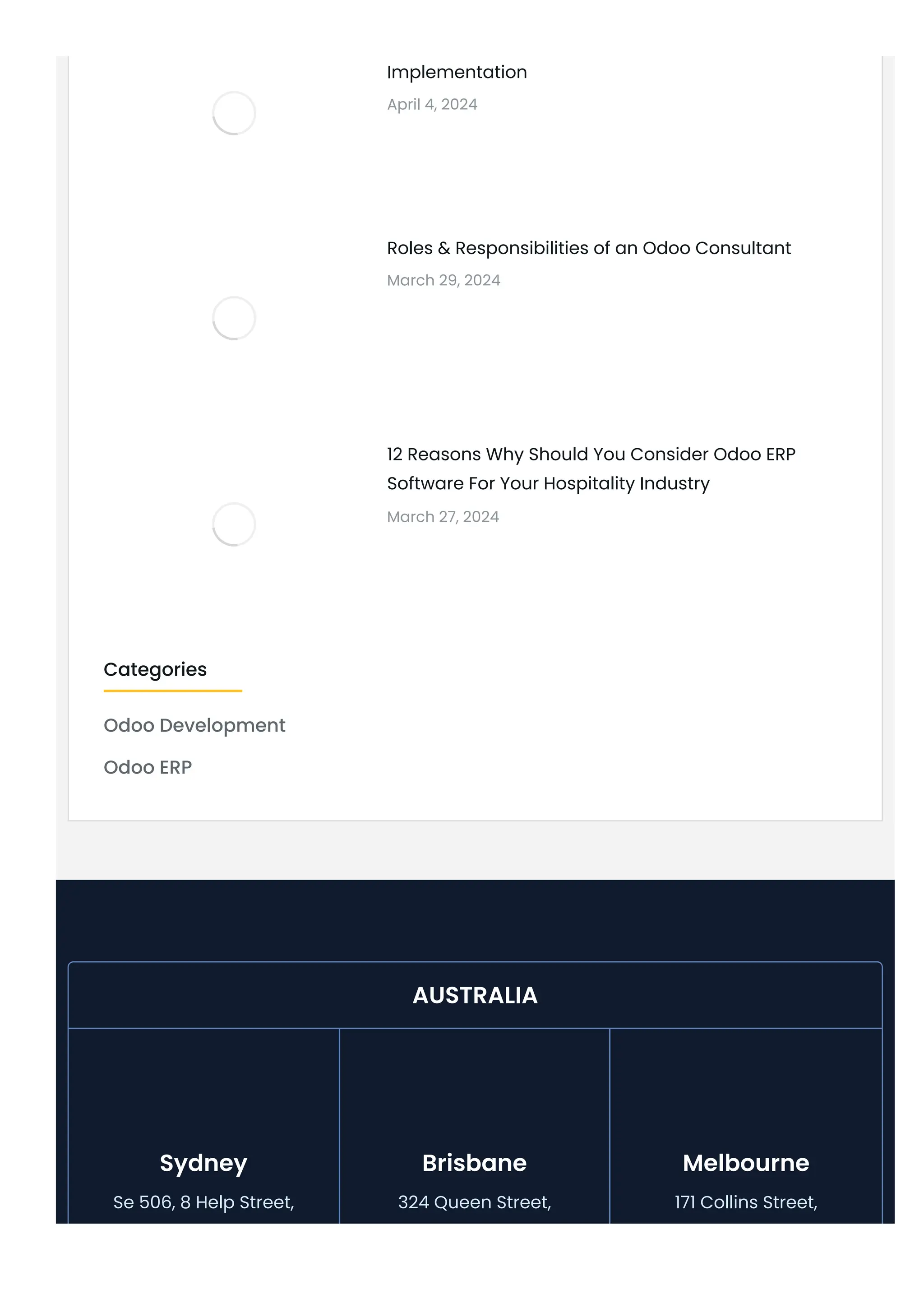 Implementation
April 4, 2024
Roles & Responsibilities of an Odoo Consultant
March 29, 2024
12 Reasons Why Should You Consider Odoo ERP
Software For Your Hospitality Industry
March 27, 2024
Odoo Development
Odoo ERP
Sydney
Se 506, 8 Help Street,
Brisbane
324 Queen Street,
Melbourne
171 Collins Street,
AUSTRALIA
Categories
 