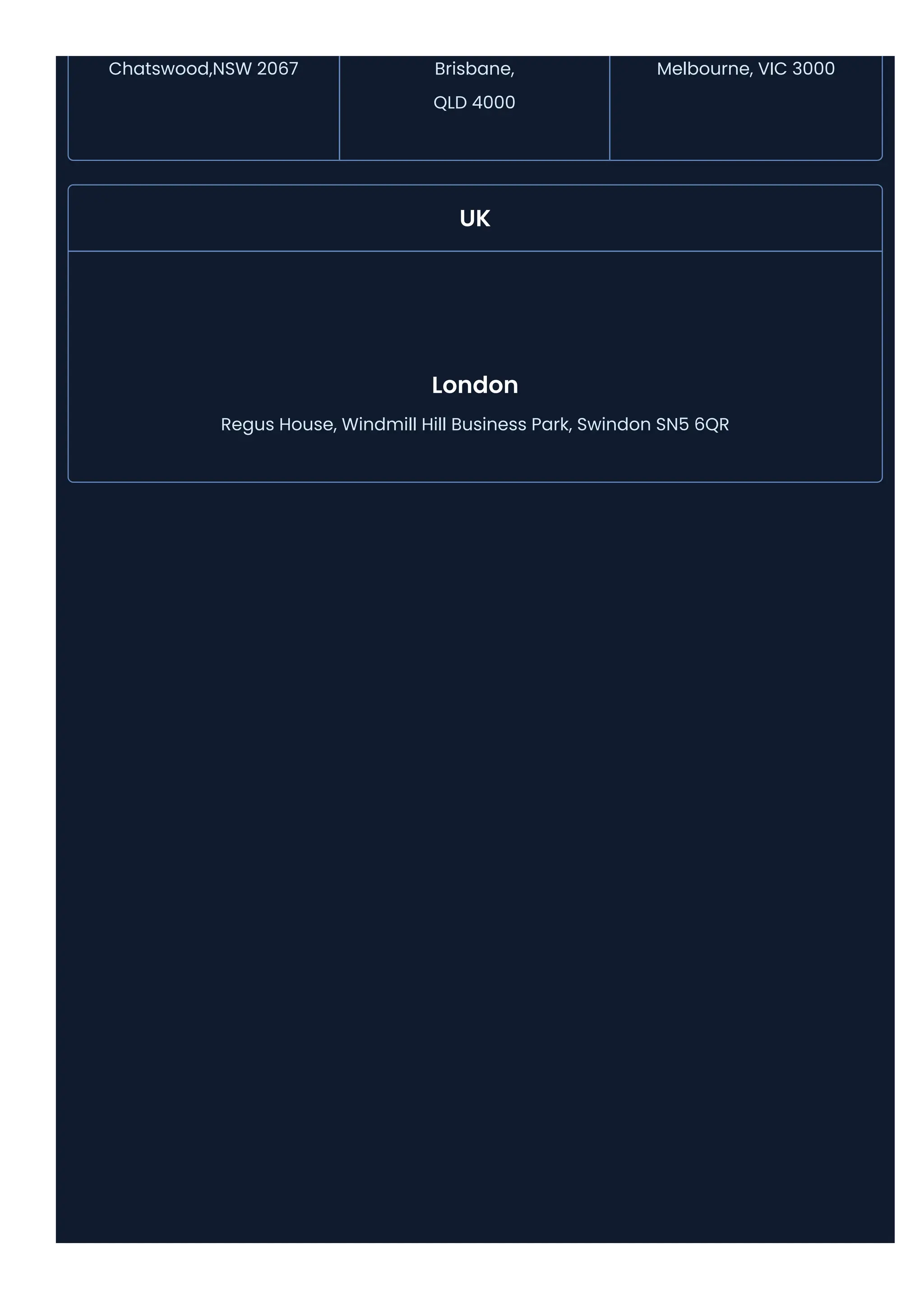 Chatswood,NSW 2067 Brisbane,
QLD 4000
Melbourne, VIC 3000
UK
London
Regus House, Windmill Hill Business Park, Swindon SN5 6QR
 