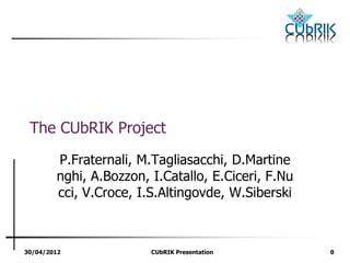 The CUbRIK Project

        P.Fraternali, M.Tagliasacchi, D.Martine
        nghi, A.Bozzon, I.Catallo, E.Ciceri, F.Nu
        cci, V.Croce, I.S.Altingovde, W.Siberski



30/04/2012              CUbRIK Presentation         0
 
