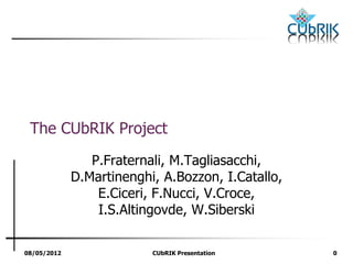 The CUbRIK Project

                P.Fraternali, M.Tagliasacchi,
             D.Martinenghi, A.Bozzon, I.Catallo,
                 E.Ciceri, F.Nucci, V.Croce,
                 I.S.Altingovde, W.Siberski

08/05/2012                CUbRIK Presentation      0
 