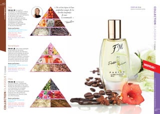 40

                       Sexy                                  PARFUM 30 ml 	
  www.fmgroup.fr




                                                                                          COLLECTION CLASSIQUE
                                                             (parfum concentré à 20 %)
                       FM 402       | Un parfum
                       d’extrêmes : le mélange vivifiant
                       et tentant de notes énergiques
                       de pamplemousse, de mandarine
                       et de poivre rose, adouci
                       par de la vanille aux accents
                       de café. Enveloppé de l’ arôme
                       oriental du musc blanc.
                       La légèreté est apportée
                       par les fleurs de frangipanier
                       et de pivoine blanche.
                       Notes parfumées :
                       Notes de tête : pamplemousse,
                       mandarine, poivre rose
                       Notes de cœur : fleurs
                       de frangipanier,
                       pivoine blanche, café
                       Notes de fond : musc blanc,
                       vanille




                                                                                           | FEMME
                       Romantiques
                       FM 401       | Des notes espiègles
                       de groseilles et de poivre
                       rouge sont pleines de fraîcheur.
                       Adoucies par les pétales de jasmin,
                       pivoine et rose elles obtiennent
                       une forme très raffinée. La douceur
                       de ce parfum provient des notes
                       de panna cotta et de musc doux
                       aux accents boisés de patchouli.
                       Notes parfumées :
                       Notes de tête : pétales de jasmin,                          NOUV
                       pivoine et rose                                                 EAU !
  | FEMME




                       Notes de cœur : panna cota
                       Notes de fond : musc doux,
                       patchouli boisé
COLLECTION CLASSIQUE




                       Chics




                                                                                                Les produits FM sont tous fabriqués par FM GROUP World
                       FM 400        | Un bouquet
                       de fruits tentants : bergamote,
                       belladone, grenadier et de notes
                       florales de nénuphar et d’hibiscus.
                       La composition se complète
                       d’accents boisées de cèdre
                       et de musc. Ce mélange optimiste
                       emporte vers des aventures
                       romantiques aux douces notes
                       d’un flirt innocent.
                       Notes parfumées :
                       Notes de tête : bergamote,
                       belladone
                       Notes de cœur : nénuphars,
                       hibiscus, fruit de grenadier
                       Notes de fond : musc, bois
                       de cèdre
                                                                                                       41
 