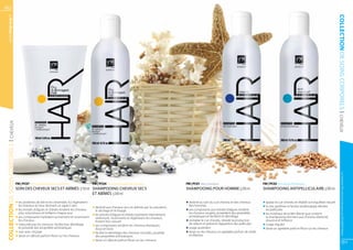 80
   www.fmgroup.fr




                                                                                                                                                                                                                                                                           COLLECTION DE SOINS CORPORE ls
                                                                                                                                                                                                                                                                            | CHEVEUX
   | CHEVEUX
COLLECTION DE SOINS CORPOREls




                                                                                                                                                                                                                                                                                     Les produits FM sont tous fabriqués par FM GROUP World
                                FM | PC07 Dry and damaged hair conditioner                 FM | PC04 Dry and damaged hair shampoo                      FM | PC01 Men’s shampoo                                FM | PC02 Anti-dandruff shampoo
                                SOIN DES CHEVEUX SECS ET ABÎMÉS | 150 ml SHAMPOOING CHEVEUX SECS                                                       SHAMPOOING POUR HOMME | 200 ml                         SHAMPOOING ANTIPELLICULAIRE | 200 ml
                                                                         ET ABÎMÉS | 200 ml

                                q	les protéines de blé et les céramides A2 régénerent 	                                                                q	destiné au soin du cuir chevelu et des cheveux       q	apaise le cuir chevelu et rétablit son équilibre naturel
                                	 les cheveux en leur donnant un aspect sain                                                                           	 des hommes                                           q	le zinc pyrithion à l’action antifongique élimine
                                                                                           q	destiné aux cheveux secs et abîmés par la coloration,
                                q	les extraits d’algues et d’aloès rendent les cheveux 	   	 le séchage et le lissage                                  q	ses composants aux extraits d’algues rendent         	 les pellicules
                                	 plus volumineux et brillants chaque jour                                                                             	 les cheveux souples, possèdent des propriétés        q	les minéraux de la Mer Morte que contient
                                                                                           q	les extraits d’algues et d’aloès hydratent intensément,
                                q	ses composants hydratent activement et nourrissent 	                                                                 	 antistatiques et facilitent le démêlage              	 le shampooing donnent aux cheveux élasticité,
                                                                                           	 renforcent, nourrissent et régénèrent les cheveux, 	
                                	 les cheveux                                              	 évitant leur cassure                                      q	revitalise le cuir chevelu, retarde la production    	 douceur et brillance
                                q	n’alourdit pas les cheveux, facilite leur démêlage                                                                   	 de sébum et prévient l’apparition des pellicules     q	usage régulier
                                                                                           q	ses composants rendent les cheveux élastiques, 	
                                	 et possède des propriétés antistatiques                  	 doux et lisses                                            q	usage quotidien                                      q	laisse un agréable parfum fleuri sur les cheveux
                                q	soin avec rinçage                                        q	facilite le démêlage des cheveux mouillés, possède 	      q	laisse sur les cheveux un agréable parfum de cèdre
                                q	laisse un délicat parfum fleuri sur les cheveux          	 des propriétés antistatiques                              	 et d’épices
                                                                                           q	laisse un délicat parfum fleuri sur les cheveux
                                                                                                                                                                                                                                                                                            81
 