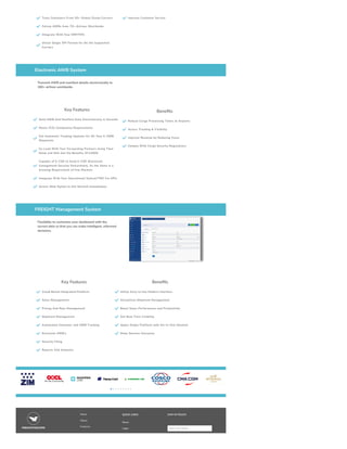  Trace Containers From 50+ Global Ocean Carriers
 Follow AWBs from 70+ Airlines Worldwide
 Integrate With Your ERP/TMS

Utilize Single API Format for All the Supported
Carriers
 Improve Customer Service
Electronic AWB System
Transmit AWB and manifest details electronically to
160+ airlines worldwide.
Key Features
 Send AWB And Manifest Data Electronically in Seconds
 Meets ICS2 Compliance Requirements

Get Automatic Tracking Updates for All Your E-AWB
Shipments

Co-Load With Your Forwarding Partners Using Their
Stock and Still Get the Benefits Of EAWB

Capable of E-CSD to Send E-CSD (Electronic
Consignment Security Declaration), As the Same is a
Growing Requirement of Few Markets
 Integrate With Your Operational System/TMS Via APIs
 Access Web Option to Get Started Immediately
Benefits
 Reduce Cargo Processing Times at Airports
 Access Tracking & Visibility
 Improve Revenue by Reducing Costs
 Comply With Cargo Security Regulations
FREIGHT Management System
Flexibility to customize your dashboard with the
correct data so that you can make intelligent, informed
decisions.
Key Features
 Cloud Based Integrated Platform
 Sales Management
 Pricing And Rate Management
 Shipment Management
 Automated Container and AWB Tracking
 Electronic AWB's
 Security Filing
 Reports And Analytics
Benefits
 Utilize Easy to Use Modern Interface
 Streamline Shipment Management
 Boost Sales Performance and Productivity
 Get Real Time Visibility
 Apply Single Platform with All-In-One Solution
 Make Smarter Decisions
 
Home
About
Features
QUICK LINKS
News
Login
STAY IN TOUCH
Enter Your Email....
 