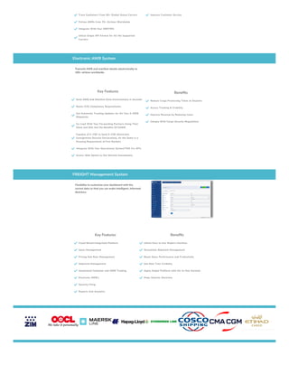  Trace Containers From 50+ Global Ocean Carriers
 Follow AWBs from 70+ Airlines Worldwide
 Integrate With Your ERP/TMS

Utilize Single API Format for All the Supported
Carriers
 Improve Customer Service
Electronic AWB System
Transmit AWB and manifest details electronically to
160+ airlines worldwide.
Key Features
 Send AWB And Manifest Data Electronically in Seconds
 Meets ICS2 Compliance Requirements

Get Automatic Tracking Updates for All Your E-AWB
Shipments

Co-Load With Your Forwarding Partners Using Their
Stock and Still Get the Benefits Of EAWB

Capable of E-CSD to Send E-CSD (Electronic
Consignment Security Declaration), As the Same is a
Growing Requirement of Few Markets
 Integrate With Your Operational System/TMS Via APIs
 Access Web Option to Get Started Immediately
Benefits
 Reduce Cargo Processing Times at Airports
 Access Tracking & Visibility
 Improve Revenue by Reducing Costs
 Comply With Cargo Security Regulations
FREIGHT Management System
Flexibility to customize your dashboard with the
correct data so that you can make intelligent, informed
decisions.
Key Features
 Cloud Based Integrated Platform
 Sales Management
 Pricing And Rate Management
 Shipment Management
 Automated Container and AWB Tracking
 Electronic AWB's
 Security Filing
 Reports And Analytics
Benefits
 Utilize Easy to Use Modern Interface
 Streamline Shipment Management
 Boost Sales Performance and Productivity
 Get Real Time Visibility
 Apply Single Platform with All-In-One Solution
 Make Smarter Decisions
 
 