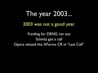 The year 2003...
     2003 was not a good year.
       Funding for DENG ran out
            Schnitz got a call
Opera vetoed the XForms CR in “Last Call”
 