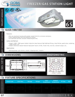 FREEZER/GAS STATION LIGHT
 EXTERIOR LIGHTING




                                                                                                                                                                                                                                                                                IP RATING


                                                                                                                                                                                                                                                                              65
                                                                   GLGS-100/150
  FREEZER/GAS STATION LIGHT




                                                                   Features

                                                                      • Die cast aluminum housing with powder coated finish for corrosion-resistance.
                                                                      • C l e a r t e m p e r e d g l a s s l e n s w i t h b e a u t i f u l c o n t o u r.
                                                                      • UV stabilized and heat resistant tempered glass lens.

                                                                   Lamp and Ballast
                                                                      • G l o b a l ’s 1 0 0 W ~ 1 5 0 W s q u a r e t u b u l a r i n d u c t i o n l a m p f e a t u r e s h i g h l i g h t i n g e f f i c a c y, l o n g l i f e t i m e , g o o d c o l o u r r e n d e r i n g ,
                                                                        stable output, etc.
                                                                      • Global's electronic ballast features high power factor (>0.95), flicker free, low loss, constant output, etc.

                                                                   Application
                                                                      • Pa r k i n g g a r a g e s , g a s s t a t i o n s , s c h o o l s , s h o p p i n g m a l l s , f r e e z e r s .




                                                                   DIMENSIONS                                                                                                                    PHOTOMETRIC
GLGS-100/150




                                                                   FIXTURE SPECIFICATIONS
                                                                                                                                                                                          Color                      Ambient
    info@globalinductionlighting.com
    w w w. g l o b a l i n d u c t i o n l i g h t i n g . c o m




                                                                   Global Code                      Brief Desc.                      Wattage                   Voltage                 Temperature                 Temperature                           IP Class                       Note


                                                                                                                                                                                                                                                                                     Te m p e r e d
                                                                    G LG S - 1 0 0              Fr e e z e r / G a s                    100                                                                                                                                           Cur ved
                                                                                                                                                             120~277                         5000                 -40 C~+40 C                                  43
                                                                    G LG S - 1 5 0             Station Light                            150                                                                                                                                             Glass
                                                                                                                                                                                                                                                                                        Lens

                                                                                                                                                                                                               Note: Colour Temperature 2720-6500 available upon request.

 07                                                                                                                                                                                                  w w w. g l o b a l i n d u c t i o n l i g h t i n g . c o m
                                                                                                                                                                                                     info@globalinductionlighting.com                                   S Q A
                                                                                                                                                                                                                                                                    costs analysis    estimates   expert help
 