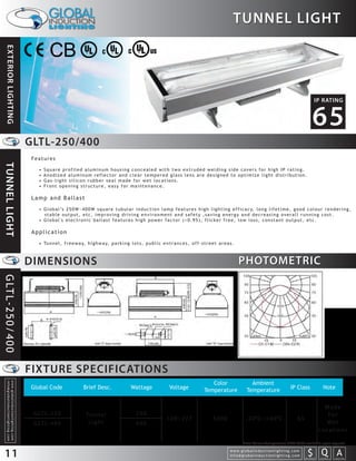 TUNNEL LIGHT
   EXTERIOR LIGHTING




                                                                                                                                                                                                                                                                                   IP RATING


                                                                                                                                                                                                                                                                                 65
                                                                    GLTL-250/400
                                                                     Features
TUNNEL LIGHT




                                                                       •   Square profiled aluminum housing concealed with two extruded welding side covers for high IP rating.
                                                                       •   Anodized aluminum reflector and clear tempered glass lens are designed to optimize light distribution.
                                                                       •   Gas-tight silicon rubber seal made for wet locations.
                                                                       •   Front opening structure, easy for maintenance.

                                                                     Lamp and Ballast
                                                                       • G l o b a l ’s 2 5 0 W ~ 4 0 0 W s q u a r e t u b u l a r i n d u c t i o n l a m p f e a t u r e s h i g h l i g h t i n g e f f i c a c y, l o n g l i f e t i m e , g o o d c o l o u r r e n d e r i n g ,
                                                                         stable output, etc, improving driving environment and safety ,saving energy and decreasing overall running cost.
                                                                       • Global's electronic ballast features high power factor (>0.95), flicker free, low loss, constant output, etc.

                                                                     Application
                                                                       • Tu n n e l , f r e e w a y, h i g h w a y, p a r k i n g l o t s , p u b l i c e n t r a n c e s , o f f - s t r e e t a r e a s .



                                                                    DIMENSIONS                                                                                                                                 PHOTOMETRIC
G LT L - 2 5 0 / 4 0 0




                                                                    FIXTURE SPECIFICATIONS
                                                                                                                                                                                         Color                          Ambient
     info@globalinductionlighting.com
     w w w. g l o b a l i n d u c t i o n l i g h t i n g . c o m




                                                                    Global Code                      Brief Desc.                     Wattage                   Voltage                Temperature                     Temperature                           IP Class                      Note


                                                                                                                                                                                                                                                                                          Made
                                                                     G LT L- 2 5 0                    Tu n n e l                        250                                                                                                                                                Fo r
                                                                                                                                                             120~277                        5000                     -20 C~+40 C                                  65
                                                                     G LT L- 4 0 0                     Light                            400                                                                                                                                                We t
                                                                                                                                                                                                                                                                                        Locations

                                                                                                                                                                                                                  Note: Colour Temperature 2720-6500 available upon request.


  11                                                                                                                                                                                                    w w w. g l o b a l i n d u c t i o n l i g h t i n g . c o m
                                                                                                                                                                                                        info@globalinductionlighting.com                                   S Q A
                                                                                                                                                                                                                                                                       costs analysis   estimates   expert help
 
