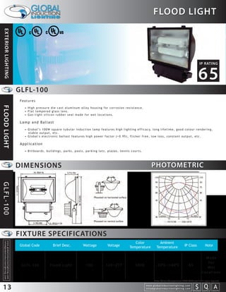 FLOOD LIGHT
 EXTERIOR LIGHTING




                                                                                                                                                                                                                                                                               IP RATING


                                                                                                                                                                                                                                                                             65
                                                                 GLFL-100
                                                                  Features
FLOOD LIGHT




                                                                    • High pressure die cast aluminum alloy housing for corrosion resistance.
                                                                    • Flat tempered glass lens.
                                                                    • Gas-tight silicon rubber seal made for wet locations.

                                                                  Lamp and Ballast
                                                                    • G l o b a l ’s 1 0 0 W s q u a r e t u b u l a r i n d u c t i o n l a m p f e a t u r e s h i g h l i g h t i n g e f f i c a c y, l o n g l i f e t i m e , g o o d c o l o u r r e n d e r i n g ,
                                                                      stable output, etc.
                                                                    • Global's electronic ballast features high power factor (>0.95), flicker free, low loss, constant output, etc.

                                                                  Application
                                                                    • Billboards, buildings, parks, pools, parking lots, plazas, tennis courts.




                                                                 DIMENSIONS                                                                                                                                PHOTOMETRIC
GLFL-100




                                                                 FIXTURE SPECIFICATIONS
                                                                                                                                                                                      Color                         Ambient
  info@globalinductionlighting.com
  w w w. g l o b a l i n d u c t i o n l i g h t i n g . c o m




                                                                 Global Code                     Brief Desc.                     Wattage                   Voltage                 Temperature                    Temperature                           IP Class                      Note


                                                                                                                                                                                                                                                                                      Made
                                                                                                                                                                                                                                                                                       Fo r
                                                                  G L F L- 1 0 0              Flood Light                           100                  120~277                         5000                    -20 C~+40 C                                  65
                                                                                                                                                                                                                                                                                       We t
                                                                                                                                                                                                                                                                                    Locations

                                                                                                                                                                                                              Note: Colour Temperature 2720-6500 available upon request.


13                                                                                                                                                                                                  w w w. g l o b a l i n d u c t i o n l i g h t i n g . c o m
                                                                                                                                                                                                    info@globalinductionlighting.com                                   S Q A
                                                                                                                                                                                                                                                                   costs analysis   estimates   expert help
 