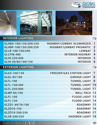 INTERIOR LIGHTING
  GLHBA-100/150/200/250                                                                                   HIGHBAY/LOWBAY ALUMINIZED     1
  GLHBP-100/150/200/250                                                                                     HIGHBAY/LOWBAY PRISMATIC    2
  GLLB-100/150/200                                                                                                            LOWBAY    3
  GL27IN-400                                                                                                         INTERIOR HIGHBAY   4
  GLIN-250/400                                                                                                               INTERIOR   5
  GLIN-40/80/100/150                                                                                                         INTERIOR   6
EXTERIOR LIGHTING
  GLGS-100/150                                                                                             FREEZER/GAS STATION LIGHT     7
  GLGL-85/100                                                                                                          GARAGE LIGHT      8
  GLTL-100                                                                                                             TUNNEL LIGHT      9
  GLTL-150/200                                                                                                         TUNNEL LIGHT     10
  GLTL-250/400                                                                                                         TUNNEL LIGHT     11
  GLWP-85/100                                                                                                             WALL PACK     12
  GLFL-100                                                                                                              FLOOD LIGHT     13
  GLFL-150                                                                                                              FLOOD LIGHT     14
  GLZD1-40/70/100                                                                                                          ROADWAY      15
  GLZD10-150                                                                                                               ROADWAY      16
  GLZD10-200/250                                                                                                           ROADWAY      17
  GLSB-200/250                                                                                                        SHOEBOX LIGHT     18
w w w. g l o b a l i n d u c t i o n l i g h t i n g . c o m
info@globalinductionlighting.com                                   S Q A
                                                               costs analysis   estimates   expert help
                                                                                                                                        ID
 