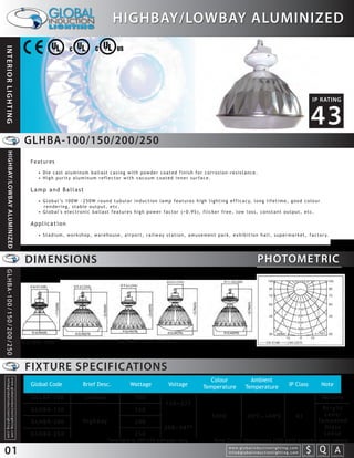 HIGHBAY/LOWBAY ALUMINIZED
INTERIOR LIGHTING




                                                                                                                                                                                                                                                                                 IP RATING


                                                                                                                                                                                                                                                                               43
                                                                 GLHBA-100/150/200/250
  HIGHBAY/LOWBAY ALUMINIZED




                                                                   Features

                                                                     • Die cast aluminum ballast casing with powder coated finish for corrosion-resistance.
                                                                     • High purity aluminum reflector with vacuum coated inner surface.

                                                                   Lamp and Ballast
                                                                     • G l o b a l ’s 1 0 0 W ~ 2 5 0 W r o u n d t u b u l a r i n d u c t i o n l a m p f e a t u r e s h i g h l i g h t i n g e f f i c a c y, l o n g l i f e t i m e , g o o d c o l o u r
                                                                       rendering, stable output, etc.
                                                                     • Global's electronic ballast features high power factor (>0.95), flicker free, low loss, constant output, etc.

                                                                   Application
                                                                     • S t a d i u m , w o r k s h o p , w a r e h o u s e , a i r p o r t , r a i l w a y s t a t i o n , a m u s e m e n t p a r k , e x h i b i t i o n h a l l , s u p e r m a r k e t , f a c t o r y.




                                                                 DIMENSIONS                                                                                                                                                   PHOTOMETRIC
GLHBA-100/150/200/250




                                                                 GLLBA-100                                                 GLHBA-150/200/250



                                                                 FIXTURE SPECIFICATIONS
                                                                                                                                                                                       Colour                         Ambient
  info@globalinductionlighting.com
  w w w. g l o b a l i n d u c t i o n l i g h t i n g . c o m




                                                                   Global Code                     Brief Desc.                     Wattage                   Voltage                 Temperature                    Temperature                           IP Class                      Note

                                                                   GLLBA-100                        Lowbay                            100                                                                                                                                                No Lens
                                                                                                                                                           120~277
                                                                   GLHBA-150                                                          150                                                                                                                                              Acr ylic
                                                                                                                                                                                           5000                     -20 C~+40 C                                 43                       Lens/
                                                                   GLHBA-200                       Highbay                            200                                                                                                                                             Te m p e r e d
                                                                                                                                                          208~347*                                                                                                                       Glass
                                                                   GLHBA-250                                                          250                                                                                                                                               Lense
                                                                                                                    *available in 200/250 wattages only                                      Note: Colour Temperature 2720-6500 available upon request.

01                                                                                                                                                                                                    w w w. g l o b a l i n d u c t i o n l i g h t i n g . c o m
                                                                                                                                                                                                      info@globalinductionlighting.com                                   S Q A
                                                                                                                                                                                                                                                                     costs analysis   estimates   expert help
 