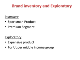 Inventory
• Sportsman Product
• Premium Segment

Exploratory
• Expensive product
• For Upper middle income group
 