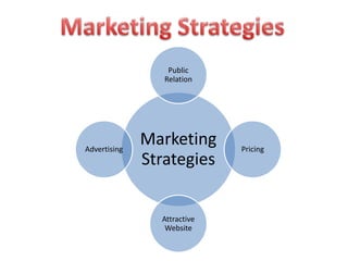 Public
                 Relation




Advertising
              Marketing      Pricing
              Strategies


                Attractive
                 Website
 