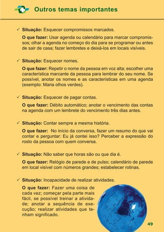 49
Outros temas importantes
	Situação: Esquecer compromissos marcados.
	 O que fazer: Usar agenda ou calendário para marcar compromis-
sos; olhar a agenda no começo do dia para se programar ou antes
de sair de casa; fazer lembretes e deixá-los em locais visíveis.
	Situação: Esquecer nomes.
	 O que fazer: Repetir o nome da pessoa em voz alta; escolher uma
característica marcante da pessoa para lembrar do seu nome. Se
possível, anotar os nomes e as características em uma agenda
(exemplo: Maria olhos verdes).
	Situação: Esquecer de pagar contas.
	 O que fazer: Débito automático; anotar o vencimento das contas
na agenda com um lembrete do vencimento três dias antes.
	Situação: Contar sempre a mesma história.
	 O que fazer: No início da conversa, fazer um resumo do que vai
contar e perguntar: Eu já contei isso? Perceber a expressão do
rosto da pessoa com quem conversa.
	Situação: Não saber que horas são ou que dia é.
	 O que fazer: Relógio de parede e de pulso; calendário de parede
em local visível com números grandes; estabelecer rotinas.
	Situação: Incapacidade de realizar atividades.
	 O que fazer: Fazer uma coisa de
cada vez; começar pela parte mais
fácil, se possível treinar a ativida-
de; anotar a sequência de exe-
cução; realizar atividades que te-
nham significado.
 
