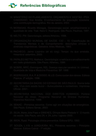 57
Referências Bibliográficas
14.	MINISTÉRIO DO PLANEJAMENTO, ORÇAMENTO E GESTÃO. IPEA.
CAMARANO, Ana Amélia. Envelhecimento da população brasileira:
uma contribuição demográfica. Rio de Janeiro, 2002.
15.	MORAGAS, Ricardo Moragas. Gerontologia social, envelhecimento e
qualidade de vida. Trad. Nara C. Rodrigues. São Paulo, Paulinas, 1997.
16.	NELTO, PM. Gerontologia, editora Atheneu, 1996.
17.	ORGANIZAÇÃO MUNDIAL DE SAÚDE. CID – 10. Classificação de
Transtornos Mentais e de Comportamento: descrições clínicas e
diretrizes diagnósticas. Genebra: Artes Médicas, 1993.
18.	PACHECO, Jaime Lisandro (et al) (org). Tempo: rio que arrebata.
Holambra/ setembro, 2005.
19.	PAPALÉO NETTO, Matheus. Gerontologia: a velhice e o envelhecimento
em visão globalizada. São Paulo, Atheneu, 1996.
20.	NOBRE, MRC, Domingues, RZL. Doença vascular cerebral. In: Unimed.
Qualidade de Vida e Medicina Preventiva. SP. 1996.
21.	RODRIGUES, R.A. P. & DIOGO, M.J.D. Como cuidar dos idosos. Editora
Papirus, 2ª edição, 1996.
22.	SECRETARIA DA SAÚDE DO ESTADO DE SÃO PAULO. Sorria toda
vida. Viva com saúde bucal – Autocuidados e cuidadores. Imprensa
Oficial, 2001.
23.	SECRETARIA NACIONAL DOS DIREITOS HUMANOS. Política
Nacional do Idoso. Programa Nacional de Direitos Humanos.
Imprensa Nacional, 1998.
24.	SENAC - Primeiros socorros. Como agir em situações de emergência.
São Paulo: Editora Senac, 2003
25.	SILVA, Maria Júlia Paes e GIMENES, Olímpia Maria Piedade V. O mundo
da saúde. São Paulo, ano 24, v. 24, julho / agosto 2000.
26.	IMON, Ryad. Psicologia clínica preventiva. Editora EPU, 1993.
27. SOUZA, L.V.B. e JUNQUEIRA, M.L. Primeiros socorros – Princípios
básicos. Editora Cabral - 1ª edição.
 
