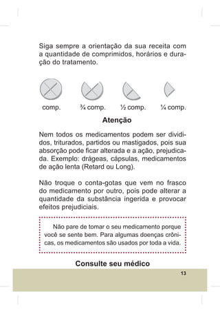 Siga sempre a orientação da sua receita com
a quantidade de comprimidos, horários e dura-
ção do tratamento.




 comp.       ¾ comp.       ½ comp.       ¼ comp.
                     Atenção
Nem todos os medicamentos podem ser dividi-
dos, triturados, partidos ou mastigados, pois sua
absorção pode ¿car alterada e a ação, prejudica-
da. Exemplo: drágeas, cápsulas, medicamentos
de ação lenta (Retard ou Long).

Não troque o conta-gotas que vem no frasco
do medicamento por outro, pois pode alterar a
quantidade da substância ingerida e provocar
efeitos prejudiciais.

    Não pare de tomar o seu medicamento porque
 você se sente bem. Para algumas doenças crôni-
 cas, os medicamentos são usados por toda a vida.


            Consulte seu médico
                                                13
 
