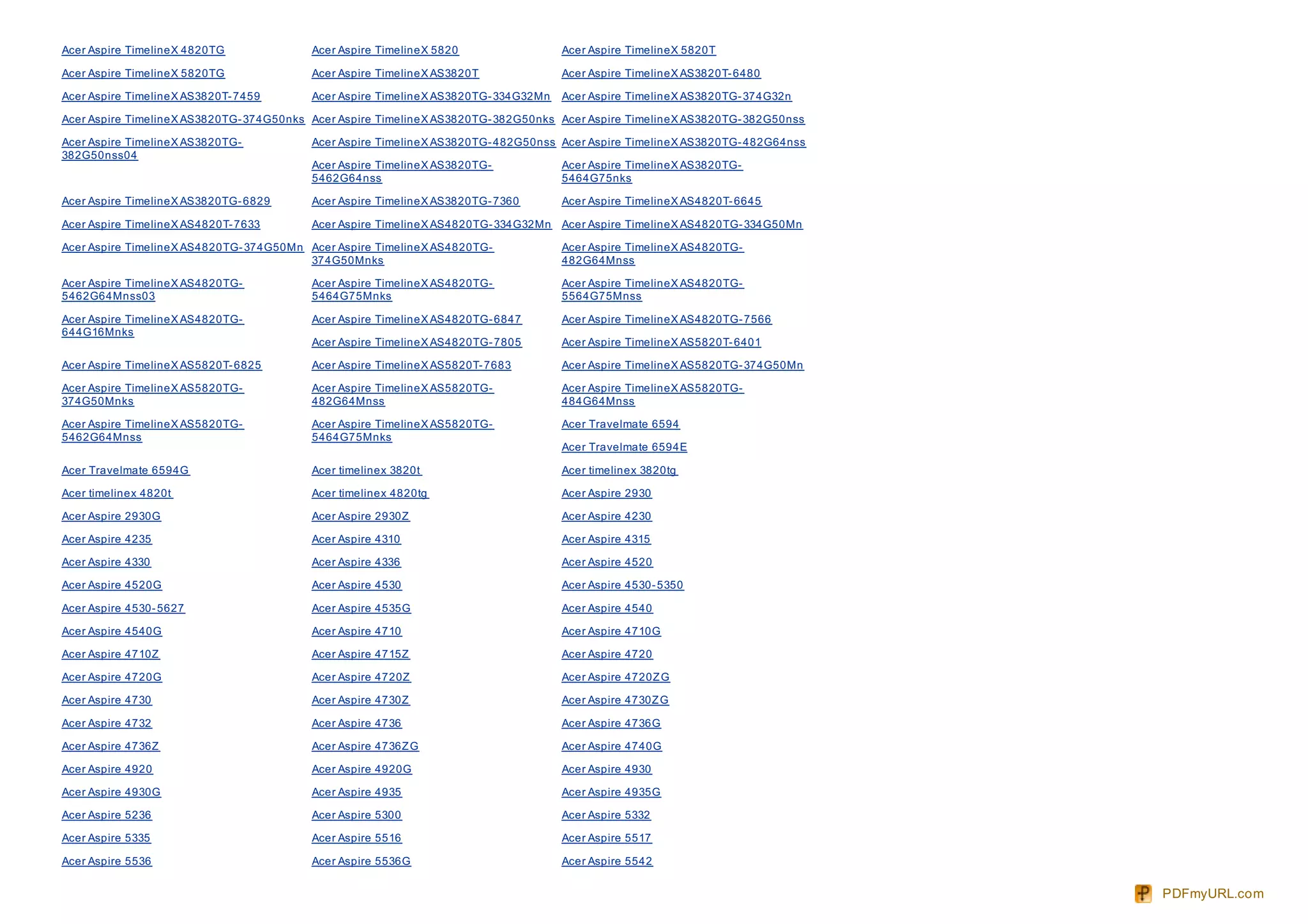 Acer Aspire TimelineX 4820TG              Acer Aspire TimelineX 5820                 Acer Aspire TimelineX 5820T

Acer Aspire TimelineX 5820TG              Acer Aspire TimelineX AS3820T              Acer Aspire TimelineX AS3820T- 6480

Acer Aspire TimelineX AS3820T- 7459       Acer Aspire TimelineX AS3820TG- 334G32Mn   Acer Aspire TimelineX AS3820TG- 374G32n

Acer Aspire TimelineX AS3820TG- 374G50nks Acer Aspire TimelineX AS3820TG- 382G50nks Acer Aspire TimelineX AS3820TG- 382G50nss

Acer Aspire TimelineX AS3820TG-           Acer Aspire TimelineX AS3820TG- 482G50nss Acer Aspire TimelineX AS3820TG- 482G64nss
382G50nss04
                                          Acer Aspire TimelineX AS3820TG-            Acer Aspire TimelineX AS3820TG-
                                          5462G64nss                                 5464G75nks

Acer Aspire TimelineX AS3820TG- 6829      Acer Aspire TimelineX AS3820TG- 7360       Acer Aspire TimelineX AS4820T- 6645

Acer Aspire TimelineX AS4820T- 7633       Acer Aspire TimelineX AS4820TG- 334G32Mn Acer Aspire TimelineX AS4820TG- 334G50Mn

Acer Aspire TimelineX AS4820TG- 374G50Mn Acer Aspire TimelineX AS4820TG-             Acer Aspire TimelineX AS4820TG-
                                         374G50Mnks                                  482G64Mnss

Acer Aspire TimelineX AS4820TG-           Acer Aspire TimelineX AS4820TG-            Acer Aspire TimelineX AS4820TG-
5462G64Mnss03                             5464G75Mnks                                5564G75Mnss

Acer Aspire TimelineX AS4820TG-           Acer Aspire TimelineX AS4820TG- 6847       Acer Aspire TimelineX AS4820TG- 7566
644G16Mnks
                                          Acer Aspire TimelineX AS4820TG- 7805       Acer Aspire TimelineX AS5820T- 6401

Acer Aspire TimelineX AS5820T- 6825       Acer Aspire TimelineX AS5820T- 7683        Acer Aspire TimelineX AS5820TG- 374G50Mn

Acer Aspire TimelineX AS5820TG-           Acer Aspire TimelineX AS5820TG-            Acer Aspire TimelineX AS5820TG-
374G50Mnks                                482G64Mnss                                 484G64Mnss

Acer Aspire TimelineX AS5820TG-           Acer Aspire TimelineX AS5820TG-            Acer Travelmate 6594
5462G64Mnss                               5464G75Mnks
                                                                                     Acer Travelmate 6594E

Acer Travelmate 6594G                     Acer timelinex 3820t                       Acer timelinex 3820tg

Acer timelinex 4820t                      Acer timelinex 4820tg                      Acer Aspire 2930

Acer Aspire 2930G                         Acer Aspire 2930Z                          Acer Aspire 4230

Acer Aspire 4235                          Acer Aspire 4310                           Acer Aspire 4315

Acer Aspire 4330                          Acer Aspire 4336                           Acer Aspire 4520

Acer Aspire 4520G                         Acer Aspire 4530                           Acer Aspire 4530- 5350

Acer Aspire 4530- 5627                    Acer Aspire 4535G                          Acer Aspire 4540

Acer Aspire 4540G                         Acer Aspire 4710                           Acer Aspire 4710G

Acer Aspire 4710Z                         Acer Aspire 4715Z                          Acer Aspire 4720

Acer Aspire 4720G                         Acer Aspire 4720Z                          Acer Aspire 4720Z G

Acer Aspire 4730                          Acer Aspire 4730Z                          Acer Aspire 4730Z G

Acer Aspire 4732                          Acer Aspire 4736                           Acer Aspire 4736G

Acer Aspire 4736Z                         Acer Aspire 4736Z G                        Acer Aspire 4740G

Acer Aspire 4920                          Acer Aspire 4920G                          Acer Aspire 4930

Acer Aspire 4930G                         Acer Aspire 4935                           Acer Aspire 4935G

Acer Aspire 5236                          Acer Aspire 5300                           Acer Aspire 5332

Acer Aspire 5335                          Acer Aspire 5516                           Acer Aspire 5517

Acer Aspire 5536                          Acer Aspire 5536G                          Acer Aspire 5542


                                                                                                                                PDFmyURL.com
 
