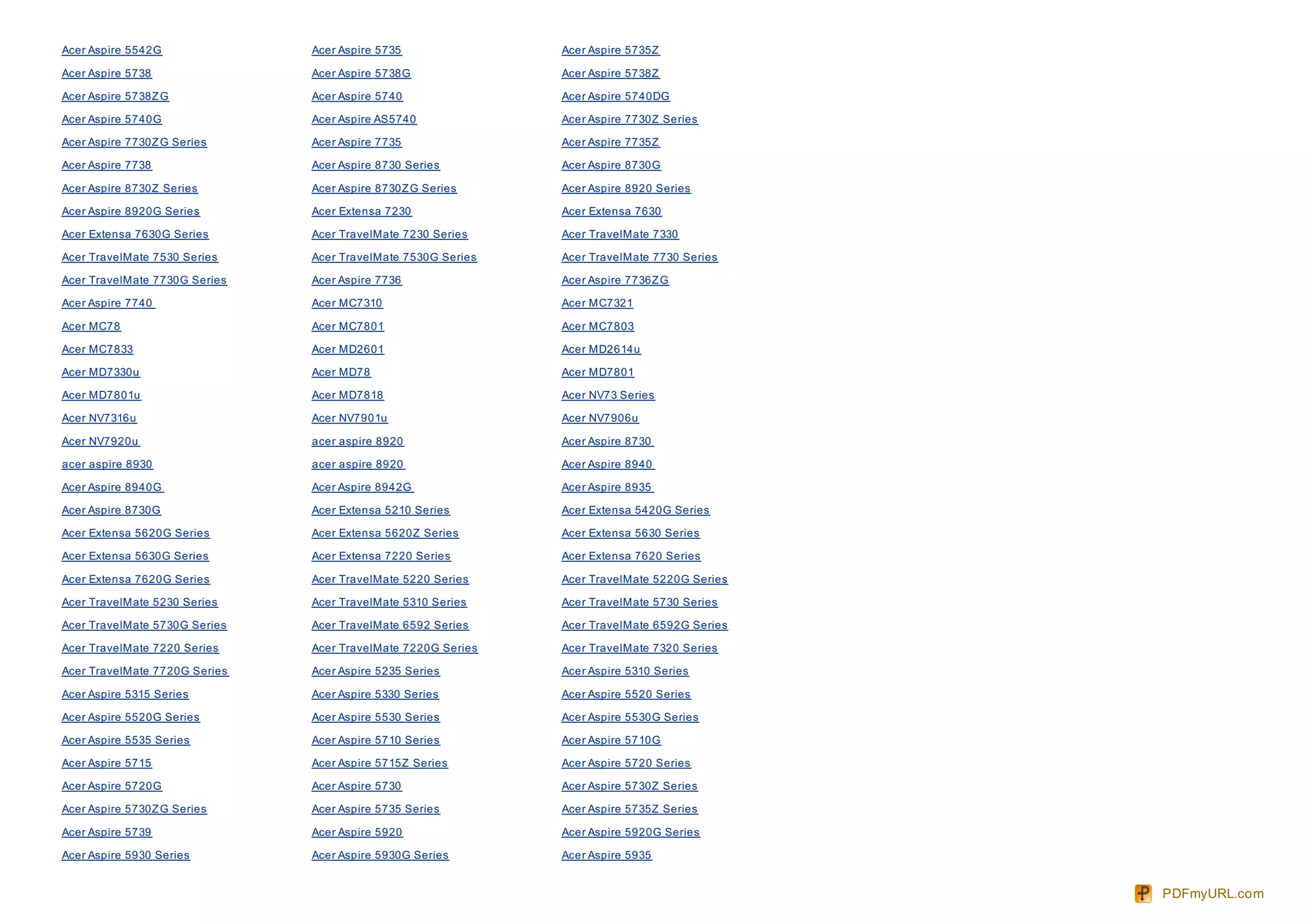 Acer Aspire 5542G              Acer Aspire 5735               Acer Aspire 5735Z

Acer Aspire 5738               Acer Aspire 5738G              Acer Aspire 5738Z

Acer Aspire 5738Z G            Acer Aspire 5740               Acer Aspire 5740DG

Acer Aspire 5740G              Acer Aspire AS5740             Acer Aspire 7730Z Series

Acer Aspire 7730Z G Series     Acer Aspire 7735               Acer Aspire 7735Z

Acer Aspire 7738               Acer Aspire 8730 Series        Acer Aspire 8730G

Acer Aspire 8730Z Series       Acer Aspire 8730Z G Series     Acer Aspire 8920 Series

Acer Aspire 8920G Series       Acer Extensa 7230              Acer Extensa 7630

Acer Extensa 7630G Series      Acer TravelMate 7230 Series    Acer TravelMate 7330

Acer TravelMate 7530 Series    Acer TravelMate 7530G Series   Acer TravelMate 7730 Series

Acer TravelMate 7730G Series   Acer Aspire 7736               Acer Aspire 7736Z G

Acer Aspire 7740               Acer MC7310                    Acer MC7321

Acer MC78                      Acer MC7801                    Acer MC7803

Acer MC7833                    Acer MD2601                    Acer MD2614u

Acer MD7330u                   Acer MD78                      Acer MD7801

Acer MD7801u                   Acer MD7818                    Acer NV73 Series

Acer NV7316u                   Acer NV7901u                   Acer NV7906u

Acer NV7920u                   acer aspire 8920               Acer Aspire 8730

acer aspire 8930               acer aspire 8920               Acer Aspire 8940

Acer Aspire 8940G              Acer Aspire 8942G              Acer Aspire 8935

Acer Aspire 8730G              Acer Extensa 5210 Series       Acer Extensa 5420G Series

Acer Extensa 5620G Series      Acer Extensa 5620Z Series      Acer Extensa 5630 Series

Acer Extensa 5630G Series      Acer Extensa 7220 Series       Acer Extensa 7620 Series

Acer Extensa 7620G Series      Acer TravelMate 5220 Series    Acer TravelMate 5220G Series

Acer TravelMate 5230 Series    Acer TravelMate 5310 Series    Acer TravelMate 5730 Series

Acer TravelMate 5730G Series   Acer TravelMate 6592 Series    Acer TravelMate 6592G Series

Acer TravelMate 7220 Series    Acer TravelMate 7220G Series   Acer TravelMate 7320 Series

Acer TravelMate 7720G Series   Acer Aspire 5235 Series        Acer Aspire 5310 Series

Acer Aspire 5315 Series        Acer Aspire 5330 Series        Acer Aspire 5520 Series

Acer Aspire 5520G Series       Acer Aspire 5530 Series        Acer Aspire 5530G Series

Acer Aspire 5535 Series        Acer Aspire 5710 Series        Acer Aspire 5710G

Acer Aspire 5715               Acer Aspire 5715Z Series       Acer Aspire 5720 Series

Acer Aspire 5720G              Acer Aspire 5730               Acer Aspire 5730Z Series

Acer Aspire 5730Z G Series     Acer Aspire 5735 Series        Acer Aspire 5735Z Series

Acer Aspire 5739               Acer Aspire 5920               Acer Aspire 5920G Series

Acer Aspire 5930 Series        Acer Aspire 5930G Series       Acer Aspire 5935


                                                                                             PDFmyURL.com
 