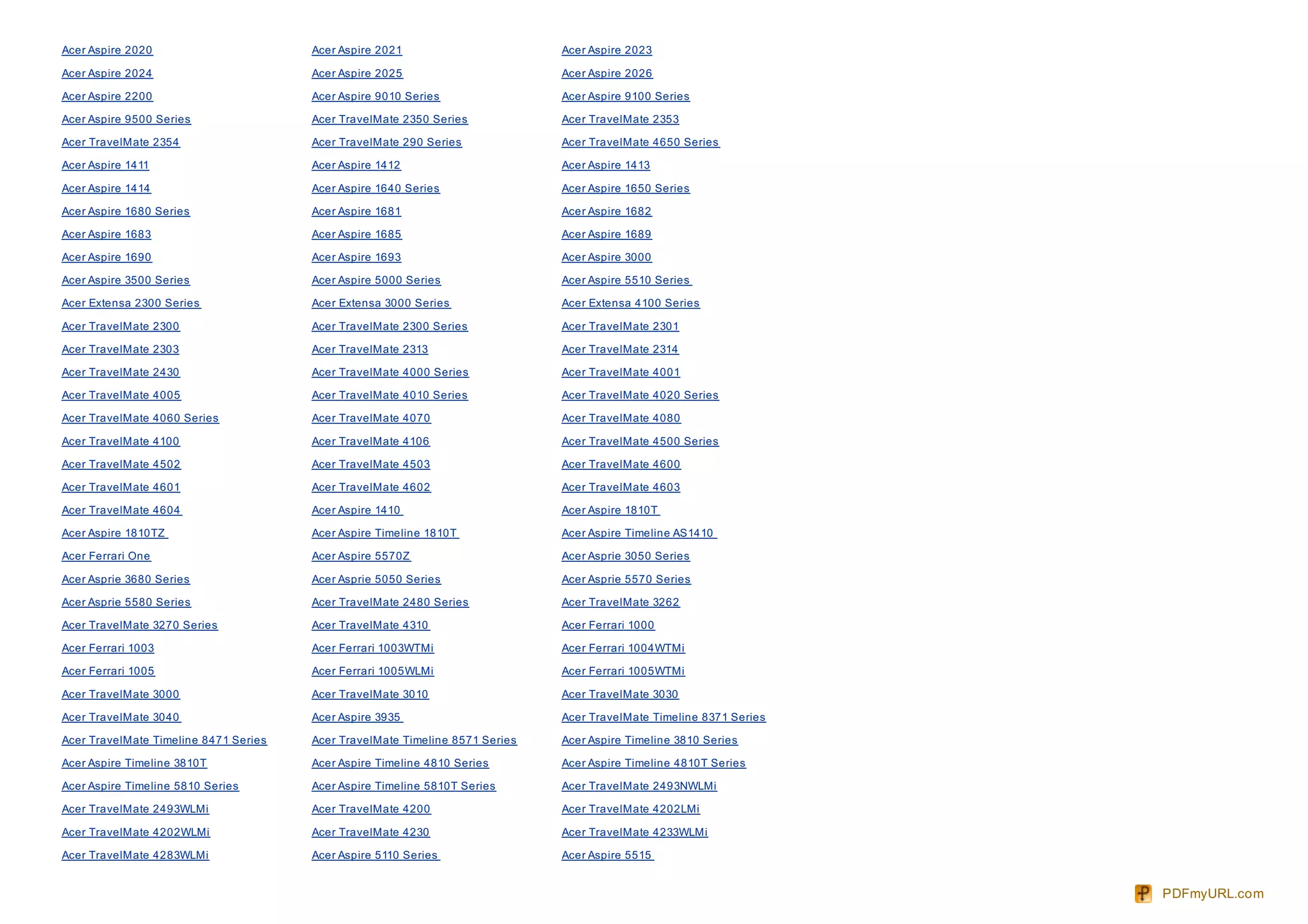 Acer Aspire 2020                       Acer Aspire 2021                       Acer Aspire 2023

Acer Aspire 2024                       Acer Aspire 2025                       Acer Aspire 2026

Acer Aspire 2200                       Acer Aspire 9010 Series                Acer Aspire 9100 Series

Acer Aspire 9500 Series                Acer TravelMate 2350 Series            Acer TravelMate 2353

Acer TravelMate 2354                   Acer TravelMate 290 Series             Acer TravelMate 4650 Series

Acer Aspire 1411                       Acer Aspire 1412                       Acer Aspire 1413

Acer Aspire 1414                       Acer Aspire 1640 Series                Acer Aspire 1650 Series

Acer Aspire 1680 Series                Acer Aspire 1681                       Acer Aspire 1682

Acer Aspire 1683                       Acer Aspire 1685                       Acer Aspire 1689

Acer Aspire 1690                       Acer Aspire 1693                       Acer Aspire 3000

Acer Aspire 3500 Series                Acer Aspire 5000 Series                Acer Aspire 5510 Series

Acer Extensa 2300 Series               Acer Extensa 3000 Series               Acer Extensa 4100 Series

Acer TravelMate 2300                   Acer TravelMate 2300 Series            Acer TravelMate 2301

Acer TravelMate 2303                   Acer TravelMate 2313                   Acer TravelMate 2314

Acer TravelMate 2430                   Acer TravelMate 4000 Series            Acer TravelMate 4001

Acer TravelMate 4005                   Acer TravelMate 4010 Series            Acer TravelMate 4020 Series

Acer TravelMate 4060 Series            Acer TravelMate 4070                   Acer TravelMate 4080

Acer TravelMate 4100                   Acer TravelMate 4106                   Acer TravelMate 4500 Series

Acer TravelMate 4502                   Acer TravelMate 4503                   Acer TravelMate 4600

Acer TravelMate 4601                   Acer TravelMate 4602                   Acer TravelMate 4603

Acer TravelMate 4604                   Acer Aspire 1410                       Acer Aspire 1810T

Acer Aspire 1810TZ                     Acer Aspire Timeline 1810T             Acer Aspire Timeline AS1410

Acer Ferrari One                       Acer Aspire 5570Z                      Acer Asprie 3050 Series

Acer Asprie 3680 Series                Acer Asprie 5050 Series                Acer Asprie 5570 Series

Acer Asprie 5580 Series                Acer TravelMate 2480 Series            Acer TravelMate 3262

Acer TravelMate 3270 Series            Acer TravelMate 4310                   Acer Ferrari 1000

Acer Ferrari 1003                      Acer Ferrari 1003WTMi                  Acer Ferrari 1004WTMi

Acer Ferrari 1005                      Acer Ferrari 1005WLMi                  Acer Ferrari 1005WTMi

Acer TravelMate 3000                   Acer TravelMate 3010                   Acer TravelMate 3030

Acer TravelMate 3040                   Acer Aspire 3935                       Acer TravelMate Timeline 8371 Series

Acer TravelMate Timeline 8471 Series   Acer TravelMate Timeline 8571 Series   Acer Aspire Timeline 3810 Series

Acer Aspire Timeline 3810T             Acer Aspire Timeline 4810 Series       Acer Aspire Timeline 4810T Series

Acer Aspire Timeline 5810 Series       Acer Aspire Timeline 5810T Series      Acer TravelMate 2493NWLMi

Acer TravelMate 2493WLMi               Acer TravelMate 4200                   Acer TravelMate 4202LMi

Acer TravelMate 4202WLMi               Acer TravelMate 4230                   Acer TravelMate 4233WLMi

Acer TravelMate 4283WLMi               Acer Aspire 5110 Series                Acer Aspire 5515


                                                                                                                     PDFmyURL.com
 