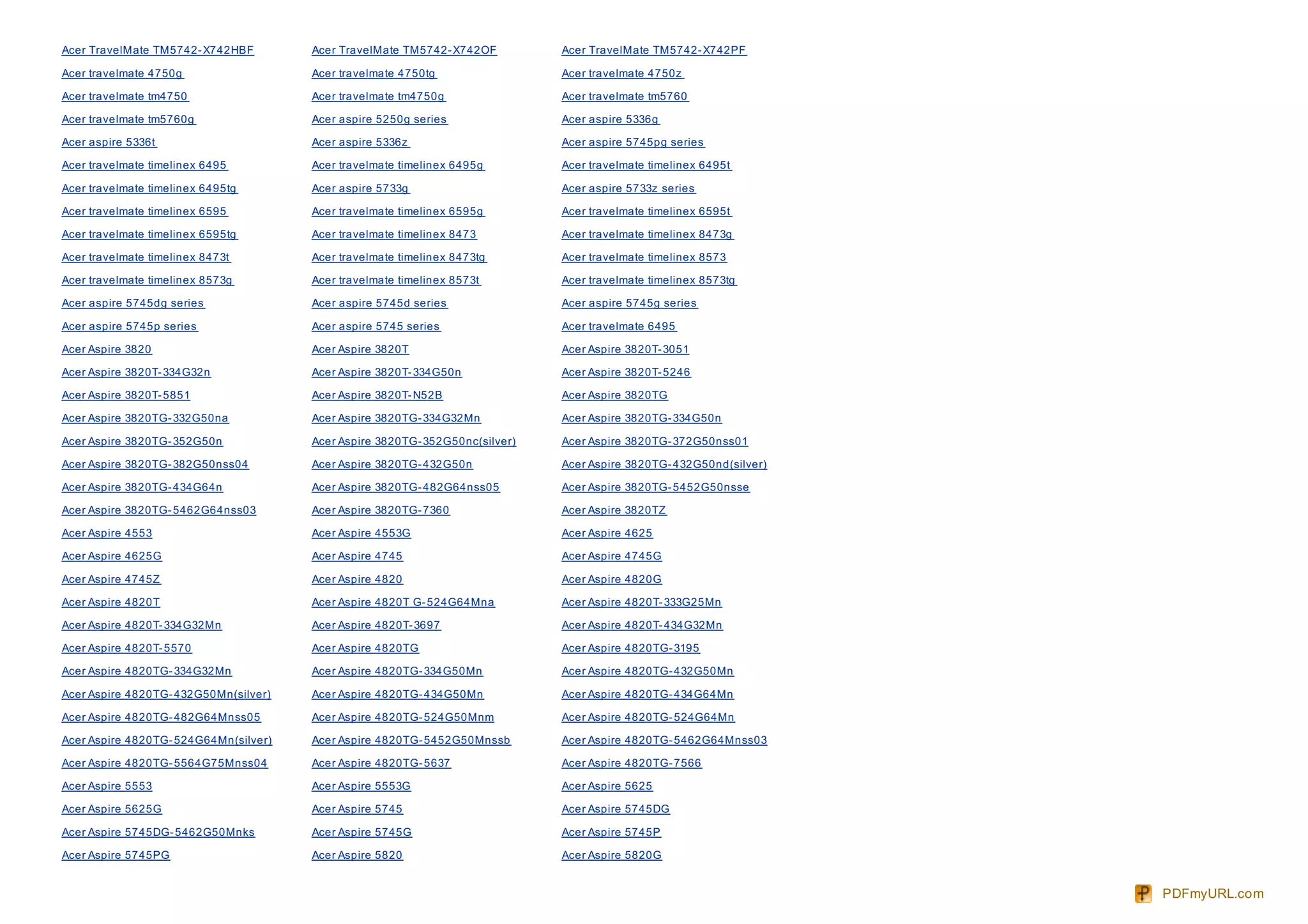 Acer TravelMate TM5742- X742HBF        Acer TravelMate TM5742- X742OF         Acer TravelMate TM5742- X742PF

Acer travelmate 4750g                  Acer travelmate 4750tg                 Acer travelmate 4750z

Acer travelmate tm4750                 Acer travelmate tm4750g                Acer travelmate tm5760

Acer travelmate tm5760g                Acer aspire 5250g series               Acer aspire 5336g

Acer aspire 5336t                      Acer aspire 5336z                      Acer aspire 5745pg series

Acer travelmate timelinex 6495         Acer travelmate timelinex 6495g        Acer travelmate timelinex 6495t

Acer travelmate timelinex 6495tg       Acer aspire 5733g                      Acer aspire 5733z series

Acer travelmate timelinex 6595         Acer travelmate timelinex 6595g        Acer travelmate timelinex 6595t

Acer travelmate timelinex 6595tg       Acer travelmate timelinex 8473         Acer travelmate timelinex 8473g

Acer travelmate timelinex 8473t        Acer travelmate timelinex 8473tg       Acer travelmate timelinex 8573

Acer travelmate timelinex 8573g        Acer travelmate timelinex 8573t        Acer travelmate timelinex 8573tg

Acer aspire 5745dg series              Acer aspire 5745d series               Acer aspire 5745g series

Acer aspire 5745p series               Acer aspire 5745 series                Acer travelmate 6495

Acer Aspire 3820                       Acer Aspire 3820T                      Acer Aspire 3820T- 3051

Acer Aspire 3820T- 334G32n             Acer Aspire 3820T- 334G50n             Acer Aspire 3820T- 5246

Acer Aspire 3820T- 5851                Acer Aspire 3820T- N52B                Acer Aspire 3820TG

Acer Aspire 3820TG- 332G50na           Acer Aspire 3820TG- 334G32Mn           Acer Aspire 3820TG- 334G50n

Acer Aspire 3820TG- 352G50n            Acer Aspire 3820TG- 352G50nc(silver)   Acer Aspire 3820TG- 372G50nss01

Acer Aspire 3820TG- 382G50nss04        Acer Aspire 3820TG- 432G50n            Acer Aspire 3820TG- 432G50nd(silver)

Acer Aspire 3820TG- 434G64n            Acer Aspire 3820TG- 482G64nss05        Acer Aspire 3820TG- 5452G50nsse

Acer Aspire 3820TG- 5462G64nss03       Acer Aspire 3820TG- 7360               Acer Aspire 3820TZ

Acer Aspire 4553                       Acer Aspire 4553G                      Acer Aspire 4625

Acer Aspire 4625G                      Acer Aspire 4745                       Acer Aspire 4745G

Acer Aspire 4745Z                      Acer Aspire 4820                       Acer Aspire 4820G

Acer Aspire 4820T                      Acer Aspire 4820T G- 524G64Mna         Acer Aspire 4820T- 333G25Mn

Acer Aspire 4820T- 334G32Mn            Acer Aspire 4820T- 3697                Acer Aspire 4820T- 434G32Mn

Acer Aspire 4820T- 5570                Acer Aspire 4820TG                     Acer Aspire 4820TG- 3195

Acer Aspire 4820TG- 334G32Mn           Acer Aspire 4820TG- 334G50Mn           Acer Aspire 4820TG- 432G50Mn

Acer Aspire 4820TG- 432G50Mn(silver)   Acer Aspire 4820TG- 434G50Mn           Acer Aspire 4820TG- 434G64Mn

Acer Aspire 4820TG- 482G64Mnss05       Acer Aspire 4820TG- 524G50Mnm          Acer Aspire 4820TG- 524G64Mn

Acer Aspire 4820TG- 524G64Mn(silver)   Acer Aspire 4820TG- 5452G50Mnssb       Acer Aspire 4820TG- 5462G64Mnss03

Acer Aspire 4820TG- 5564G75Mnss04      Acer Aspire 4820TG- 5637               Acer Aspire 4820TG- 7566

Acer Aspire 5553                       Acer Aspire 5553G                      Acer Aspire 5625

Acer Aspire 5625G                      Acer Aspire 5745                       Acer Aspire 5745DG

Acer Aspire 5745DG- 5462G50Mnks        Acer Aspire 5745G                      Acer Aspire 5745P

Acer Aspire 5745PG                     Acer Aspire 5820                       Acer Aspire 5820G


                                                                                                                     PDFmyURL.com
 