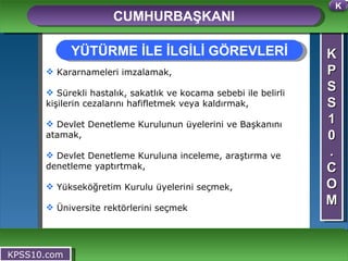 K P S S 1 0 . C O M CUMHURBAŞKANI KPSS10.com Kararnameleri imzalamak, Sürekli hastalık, sakatlık ve kocama sebebi ile belirli kişilerin cezalarını hafifletmek veya kaldırmak, Devlet Denetleme Kurulunun üyelerini ve Başkanını atamak, Devlet Denetleme Kuruluna inceleme, araştırma ve denetleme yaptırtmak, Yükseköğretim Kurulu üyelerini seçmek, Üniversite rektörlerini seçmek YÜTÜRME İLE İLGİLİ GÖREVLERİ K 