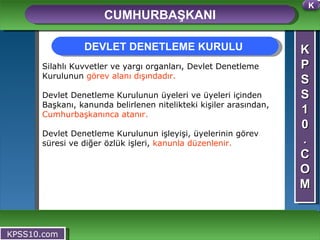 K P S S 1 0 . C O M CUMHURBAŞKANI KPSS10.com Silahlı Kuvvetler ve yargı organları, Devlet Denetleme Kurulunun  görev alanı dışındadır. Devlet Denetleme Kurulunun üyeleri ve üyeleri içinden Başkanı, kanunda belirlenen nitelikteki kişiler arasından,  Cumhurbaşkanınca atanır. Devlet Denetleme Kurulunun işleyişi, üyelerinin görev süresi ve diğer özlük işleri,  kanunla düzenlenir. DEVLET DENETLEME KURULU  K 