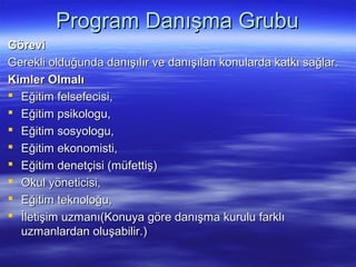 Program Danışma Grubu
Görevi
Gerekli olduğunda danışılır ve danışılan konularda katkı sağlar.
Kimler Olmalı
 Eğitim felsefecisi,
 Eğitim psikologu,
 Eğitim sosyologu,
 Eğitim ekonomisti,
 Eğitim denetçisi (müfettiş)
 Okul yöneticisi,
 Eğitim teknoloğu,
 İletişim uzmanı(Konuya göre danışma kurulu farklı
  uzmanlardan oluşabilir.)
 