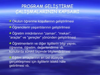 PROGRAM GELİŞTİRME
    ÇALIŞMALARININ KAPSAMI

  Okulun öğrenme koşullarının geliştirilmesi
  Öğrencilerin yaşantılarının geliştirilmesi
  Öğretim imkânlarının “zaman”, “mekan”,
“araçlar” ve “gereçler” yönünden geliştirilmesi
  Öğretmenlerin ve diğer ilgililerin bilgi yapısı,
öğrenme, öğretim, değerlendirme vb.
konularda sürekli biçimde bilgilendirilmesi
  Eğitim amaçlarının en üst düzeyde
gerçekleşmesi için ilgililerin istekli hâle
getirilmesi vb.
 