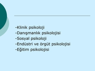 -Klinik psikoloji
-Danışmanlık psikolojisi
-Sosyal psikoloji
-Endüstri ve örgüt psikolojisi
-Eğitim psikolojisi
 