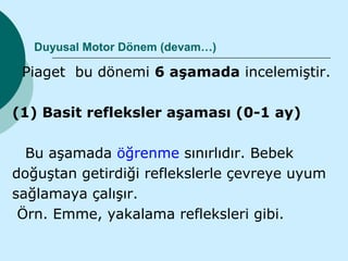 Duyusal Motor Dönem (devam…)

 Piaget bu dönemi 6 aşamada incelemiştir.

(1) Basit refleksler aşaması (0-1 ay)

  Bu aşamada öğrenme sınırlıdır. Bebek
doğuştan getirdiği reflekslerle çevreye uyum
sağlamaya çalışır.
 Örn. Emme, yakalama refleksleri gibi.
 