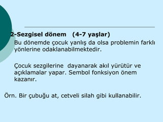 2-Sezgisel dönem (4-7 yaşlar)
   Bu dönemde çocuk yanlış da olsa problemin farklı
   yönlerine odaklanabilmektedir.

   Çocuk sezgilerine dayanarak akıl yürütür ve
   açıklamalar yapar. Sembol fonksiyon önem
   kazanır.

Örn. Bir çubuğu at, cetveli silah gibi kullanabilir.
 