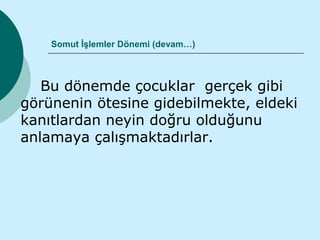 Somut İşlemler Dönemi (devam…)



   Bu dönemde çocuklar gerçek gibi
görünenin ötesine gidebilmekte, eldeki
kanıtlardan neyin doğru olduğunu
anlamaya çalışmaktadırlar.
 