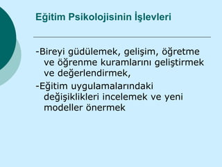 Eğitim Psikolojisinin İşlevleri


-Bireyi güdülemek, gelişim, öğretme
  ve öğrenme kuramlarını geliştirmek
  ve değerlendirmek,
-Eğitim uygulamalarındaki
  değişiklikleri incelemek ve yeni
  modeller önermek
 