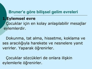 Bruner’e göre bilişsel gelim evreleri
1.Eylemsel evre
  Çocuklar için en kolay anlaşılabilir mesajlar
eylemlerdir.

  Dokunma, tat alma, hissetme, koklama ve
ses aracılığıyla harekete ve nesnelere yanıt
verirler. Yaparak öğrenirler.

  Çocuklar sözcükleri de onlara ilişkin
eylemlerle öğrenirler.
 