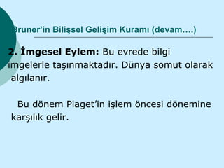 Bruner’in Bilişsel Gelişim Kuramı (devam….)

2. İmgesel Eylem: Bu evrede bilgi
imgelerle taşınmaktadır. Dünya somut olarak
 algılanır.

 Bu dönem Piaget’in işlem öncesi dönemine
karşılık gelir.
 