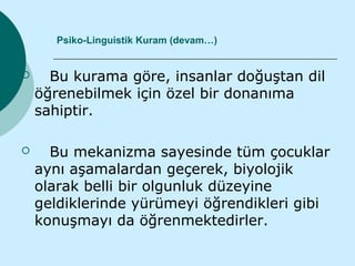 Psiko-Linguistik Kuram (devam…)


     Bu kurama göre, insanlar doğuştan dil
    öğrenebilmek için özel bir donanıma
    sahiptir.

     Bu mekanizma sayesinde tüm çocuklar
    aynı aşamalardan geçerek, biyolojik
    olarak belli bir olgunluk düzeyine
    geldiklerinde yürümeyi öğrendikleri gibi
    konuşmayı da öğrenmektedirler.
 